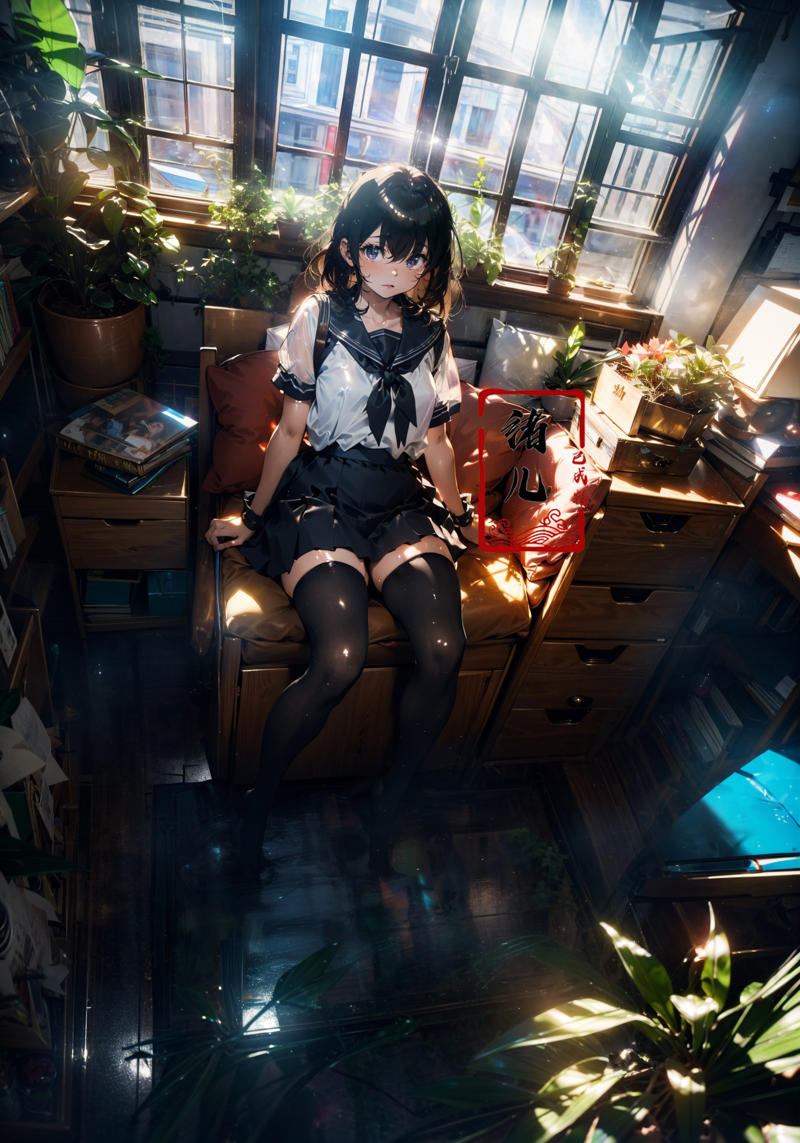 606247209521969381-571521378-Epic CG masterpiece, an anime girl in a room with plants, no shoes, Black transparent pantyhose, pleated skirt, Sailor suit, sai.jpg